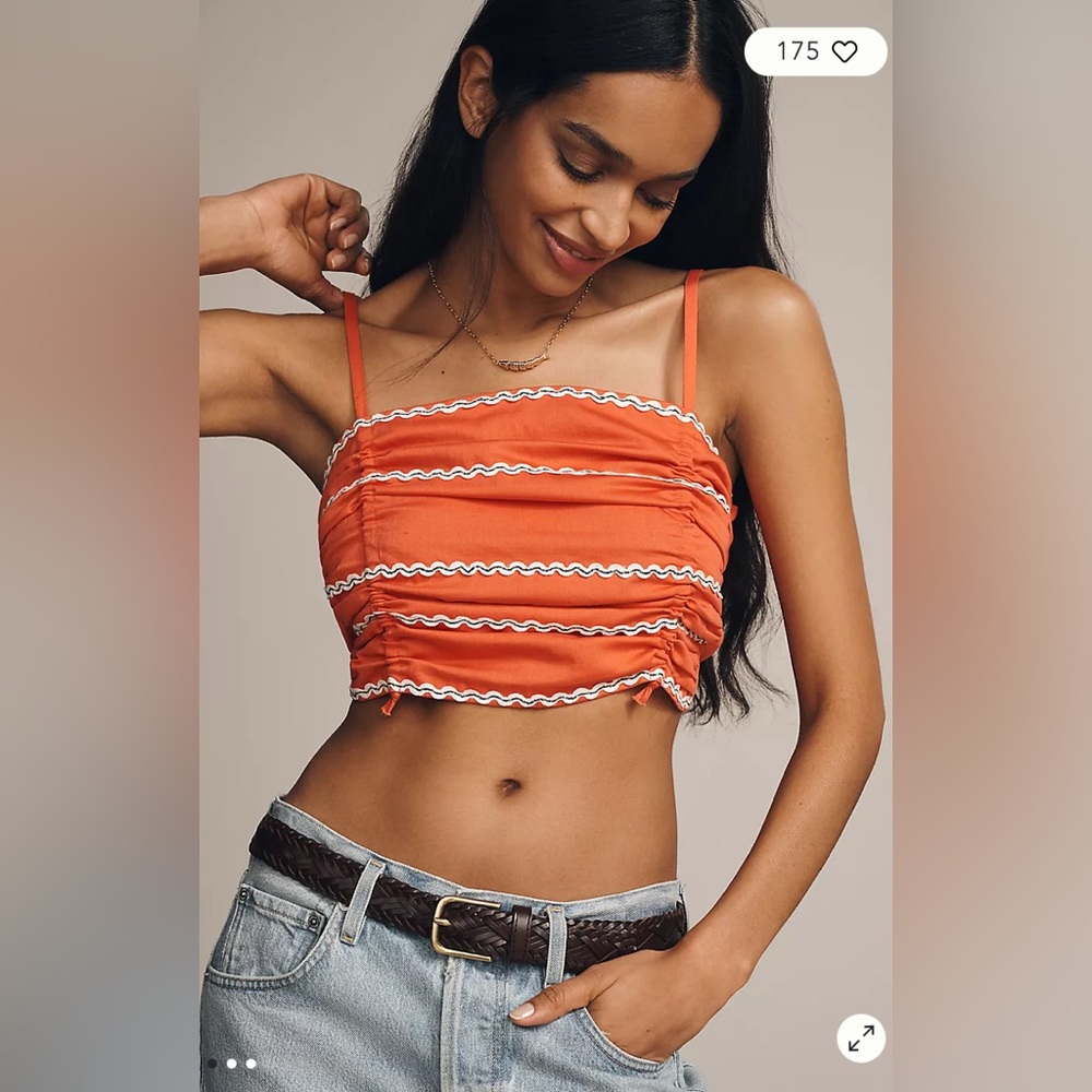 NWT Celandine Red-Orange Cotton Rickrack Cinched Crop Top Cami, size M/L